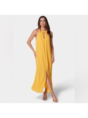 Bebe Strappy Trapeze Back Front Slit Yellow Maxi Dress